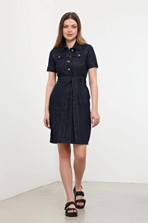 Kadın Kemerli Koyu Lacivert Jean Elbise