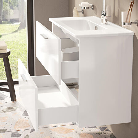 VitrA Mia 75024 Banyo Dolabı Seti, Çekmeceli, 80 cm, Parlak Beyaz