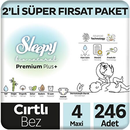 Sleepy Bio Natural Premium Plus 2'li Süper Fırsat Paketi Bebek Bezi 4 Numara Maxi 246 Adet