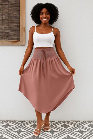 Kadın yüksek bel belden bağlamalı asimetrik kesim detaylı sandy etek