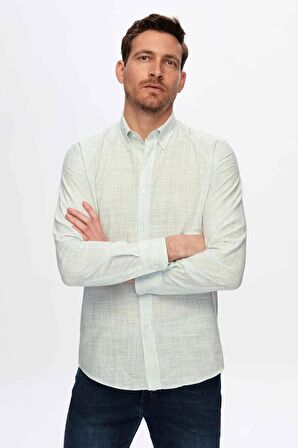 Ds Damat Slim Fit Yeşil İnce Çizgili Düğmeli Yaka %100 Pamuk Flamlı Yazlık Keten Görünümlü Gömlek 0HC02ORT07265 0HC02ORT07265