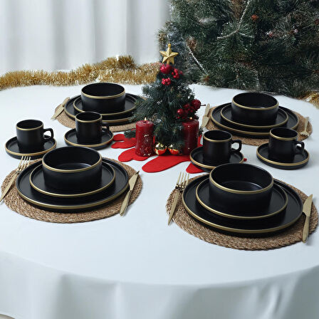 Keramika Mat Siyah Gold Fileli Stackable Yemek / Kahvaltı Takımı 20 Parça 4 Kişilik 