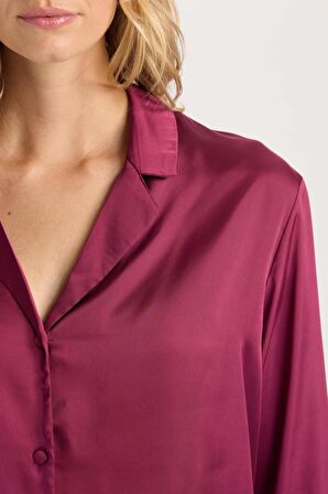 DeFacto Fall in Love Pijama Takım Basic Düz Saten Uzun Kollu Üst Beli Lastikli Alt D6940AX24AUPR169