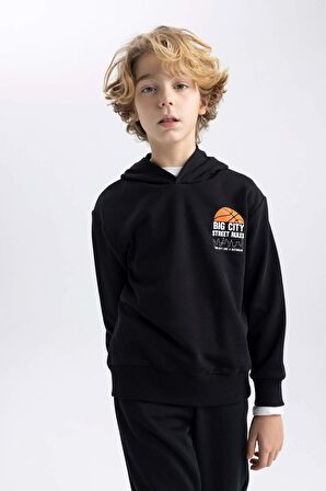 DeFacto Erkek Çocuk Baskılı Kapüşonlu Kalın Sweatshirt B8996A823CWBK81