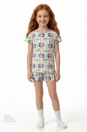 Kız Çocuk Pastel Sarı Sardines Cat Kısa Kollu 2'li Pijama Takımı