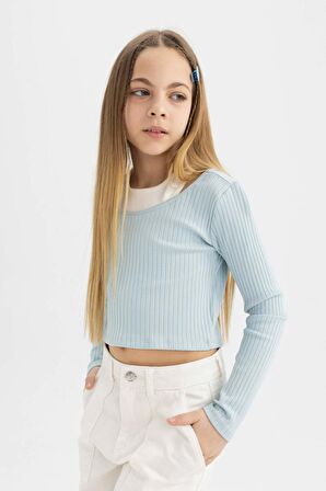 DeFacto Kız Çocuk Slim Fit Dar Kesim Bisiklet Yaka Fitilli Kaşkorse Uzun Kollu Tişört B7388A824SPBE506