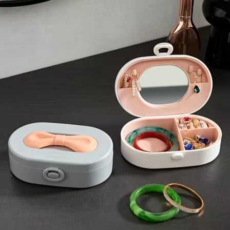 Taşınabilir Takı Kutusu Aynalı 4 Bölmeli Seyahat Boy Mini Organizer - Gri Gövde – Açık Pudra Fiyonk