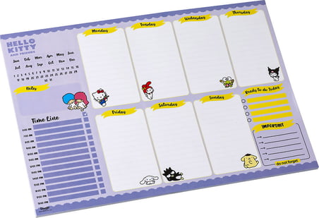 BakGelAl LİSANSLI Hello Kitty & Friends Sanrio Kuromi Temalı Haftalık Planlayıcı Bloknot – Kuromi, My Melody, Badtz-Maru, Pompompurin ve Hello Kitty Karakterli A4 Organizer