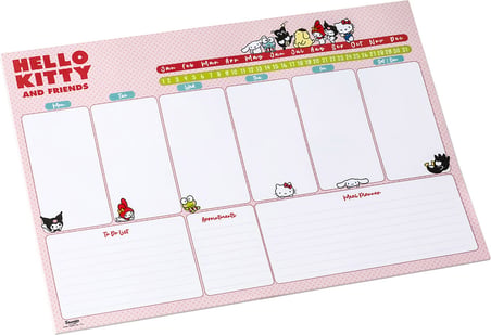 BakGelAl LİSANSLI Hello Kitty & Friends Sanrio Kuromi Temalı Haftalık Planlayıcı Bloknot – Kuromi, My Melody, Badtz-Maru, Pompompurin ve Hello Kitty Karakterli A4 Organizer