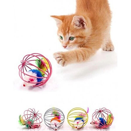 BakGelAl Renkli Metal Kafesli Peluş Fareli Kedi Oyuncağı – Hareketli Tüylü Top 6cm | Kediler İçin Eğlenceli Oyun Topu