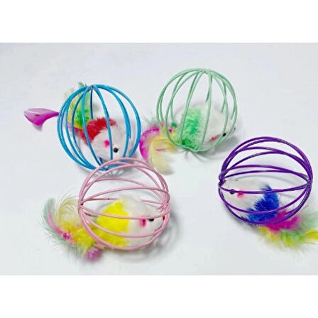 BakGelAl Renkli Metal Kafesli Peluş Fareli Kedi Oyuncağı – Hareketli Tüylü Top 6cm | Kediler İçin Eğlenceli Oyun Topu