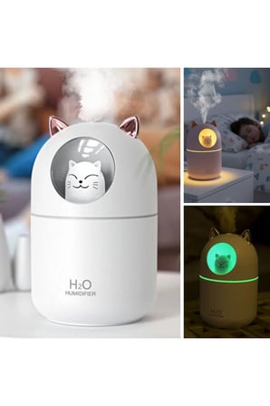 Kedi Figürlü Masaüstü Hava Nemlendirici, Soğuk Buhar Makinesi, LED Işıklı Masaüstü Oda Nemlendirici