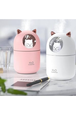 Kedi Figürlü Masaüstü Hava Nemlendirici, Soğuk Buhar Makinesi, LED Işıklı Masaüstü Oda Nemlendirici
