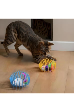 Kedi Oyuncağı Spiral Tel Top & İçinde Peluş Fare, Kediler İçin Etkileşimli Eğlence Oyuncağı