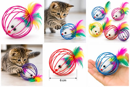 BakGelAl Renkli Metal Kafesli Peluş Fareli Kedi Oyuncağı – Hareketli Tüylü Top 6cm | Kediler İçin Eğlenceli Oyun Topu