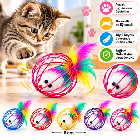 BakGelAl Renkli Metal Kafesli Peluş Fareli Kedi Oyuncağı – Hareketli Tüylü Top 6cm | Kediler İçin Eğlenceli Oyun Topu