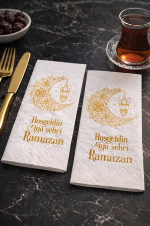 Gold Desenli Ramazan Sofra Peçetesi 25li İftar ve Sahur Masaları İçin Dekoratif Peçete 33x33 cm