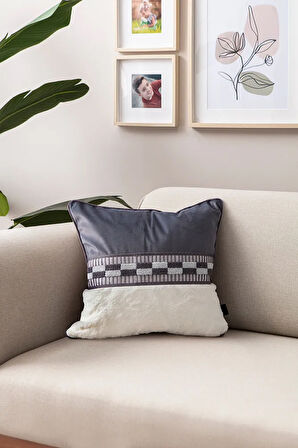 Premium Biyeli Tavşan Tüyü & Punch İşlemeli Tekli Dekoratif Özel Tasarım Kırlent Kılıfı 43x43cm