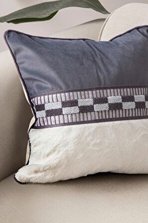 Premium Biyeli Tavşan Tüyü & Punch İşlemeli Tekli Dekoratif Özel Tasarım Kırlent Kılıfı 43x43cm