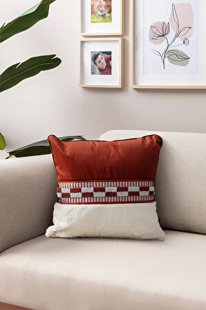 Premium Biyeli Tavşan Tüyü & Punch İşlemeli Tekli Dekoratif Özel Tasarım Kırlent Kılıfı 43x43cm