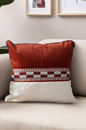 Premium Biyeli Tavşan Tüyü & Punch İşlemeli Tekli Dekoratif Özel Tasarım Kırlent Kılıfı 43x43cm