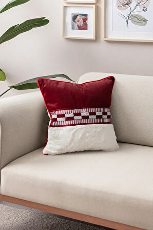 Premium Biyeli Tavşan Tüyü & Punch İşlemeli Tekli Dekoratif Özel Tasarım Kırlent Kılıfı 43x43cm