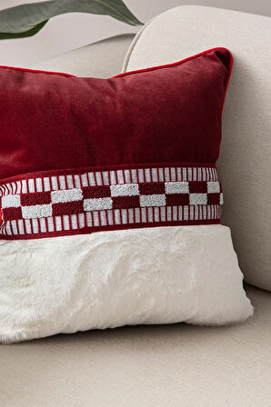 Premium Biyeli Tavşan Tüyü & Punch İşlemeli Tekli Dekoratif Özel Tasarım Kırlent Kılıfı 43x43cm