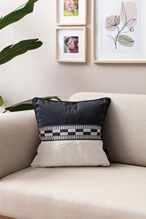 Premium Biyeli Tavşan Tüyü & Punch İşlemeli Tekli Dekoratif Özel Tasarım Kırlent Kılıfı 43x43cm