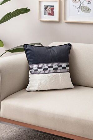Premium Biyeli Tavşan Tüyü & Punch İşlemeli Tekli Dekoratif Özel Tasarım Kırlent Kılıfı 43x43cm