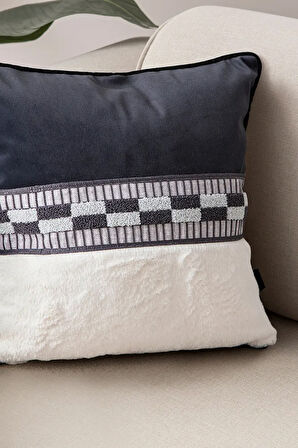 Premium Biyeli Tavşan Tüyü & Punch İşlemeli Tekli Dekoratif Özel Tasarım Kırlent Kılıfı 43x43cm