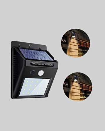 20 LED Güneş Paneli Aydınlatma - Fotoselli ve Hareket Algılamalı Dış Mekan Duvar Lambası