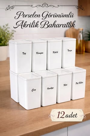 12'li 500 ml Vakumlu  Porselen Görünümlü Akrilik Baharatlık - Saklama Kabı Etiket Hediyeli