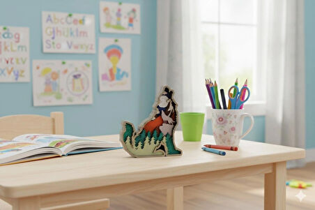 3D Katmanlı Ahşap Kurt Figürlü Dekoratif Masa Süsü