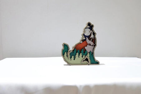 3D Katmanlı Ahşap Kurt Figürlü Dekoratif Masa Süsü