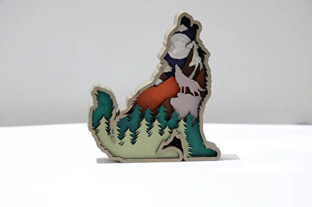 3D Katmanlı Ahşap Kurt Figürlü Dekoratif Masa Süsü