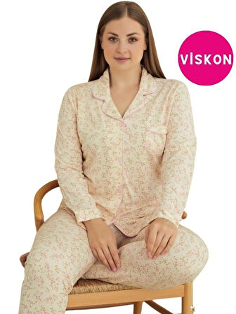 Kadın Büyük Beden Viskon Önden Düğmeli Gömlek Yaka Göğüs Cepli Uzun Kol Mevsimlik Pijama Takımı