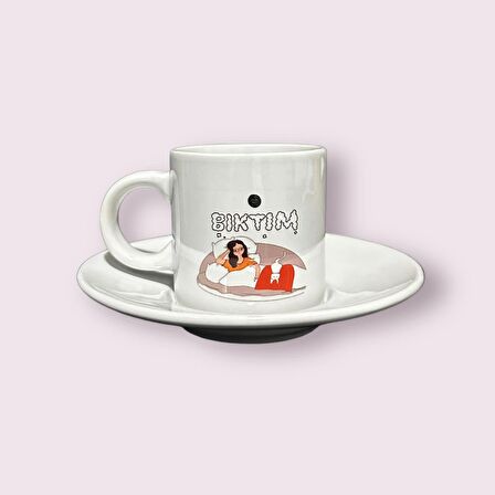 Bıktım Yazılı Baskılı Premium Türk Kahvesi Fincanı