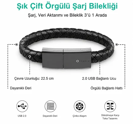  Type C Bileklik Şarj Kablosu 225mm Kısa Taşınabilir Örgü Deri Tasarım Powerbank Uyumlu Bileklik Tip Kablo Kompakt Acil Şarj Çözümü