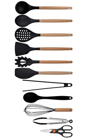 Siyah Bambu Silikon Kepçe Kaşık Kevgir Makarna, 2 Spatula, 2 Maşa, Çırpıcı, S Kaşık, Makas 11 Li Set