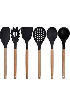 Siyah Bambu Silikon Kepçe Kaşık Kevgir Makarna, 2 Spatula, 2 Maşa, Çırpıcı, S Kaşık, Makas 11 Li Set