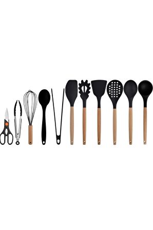 Siyah Bambu Silikon Kepçe Kaşık Kevgir Makarna, 2 Spatula, 2 Maşa, Çırpıcı, S Kaşık, Makas 11 Li Set