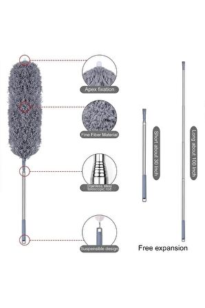 Bükülüp Uzayabilen Toz Alma Seti 3 Lü Full Set Çelik Teleskopik Saplı Mikrofiber Toz Alma Püskülü