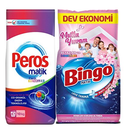 Bingo Matik Mutlu Yuvam Beyazlar ve Renkliler İçin Toz Çamaşır Deterjanı 10 kg 67 Yıkama vs peros color 10 kg toz deterjan