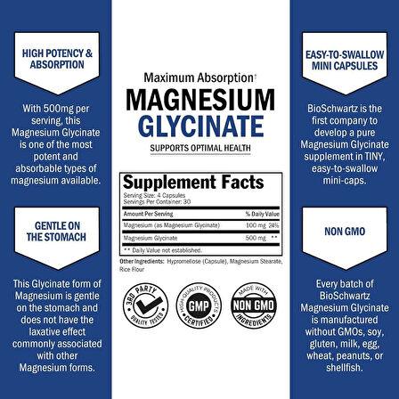 BioSchwartz Magnesium Glycinate 500mg Nerves Muscles Heart Mood and Sleep Support 120