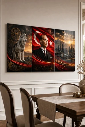 Atatürk Türk Bayrağı Bozkurt Baskılı Cam Tablo – UV Baskı Dekoratif Duvar Tablosu
