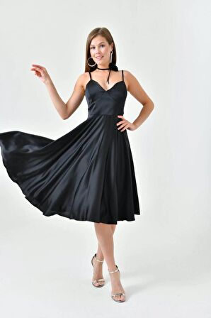 Saten Gül Aksesuarlı Kloş Askılı Abiye