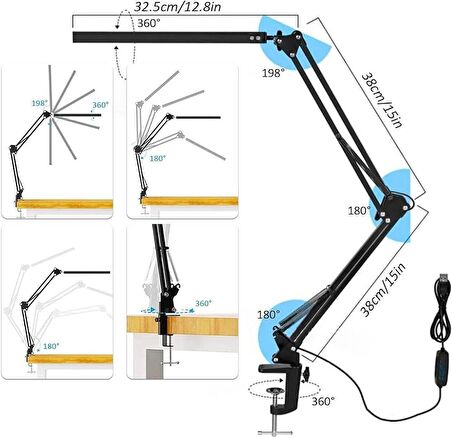 LED Masa Lambası Kelepçeli Ayarlanabilir Katlanabilir 3 Renk Modlu LED