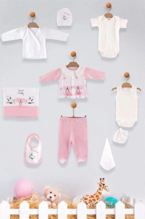 KIZ BEBEK YENİ DOĞAN KUŞ DESENLİ PEMBE 10 PARÇA HASTANE ÇIKIŞI ZIBIN SETİ