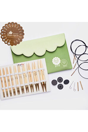Knitpro Japan Bamboo Değiştirilebilir Misinalı Şiş Seti + Balım Örgü Evi Şiş Ölçer