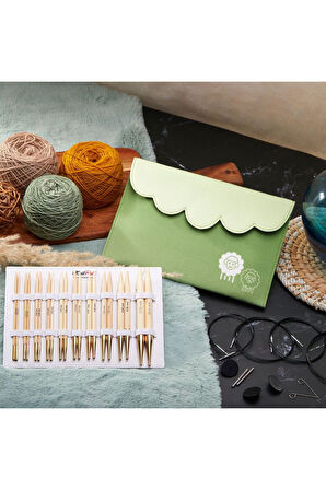 Knitpro Japan Bamboo Değiştirilebilir Misinalı Şiş Seti + Balım Örgü Evi Şiş Ölçer